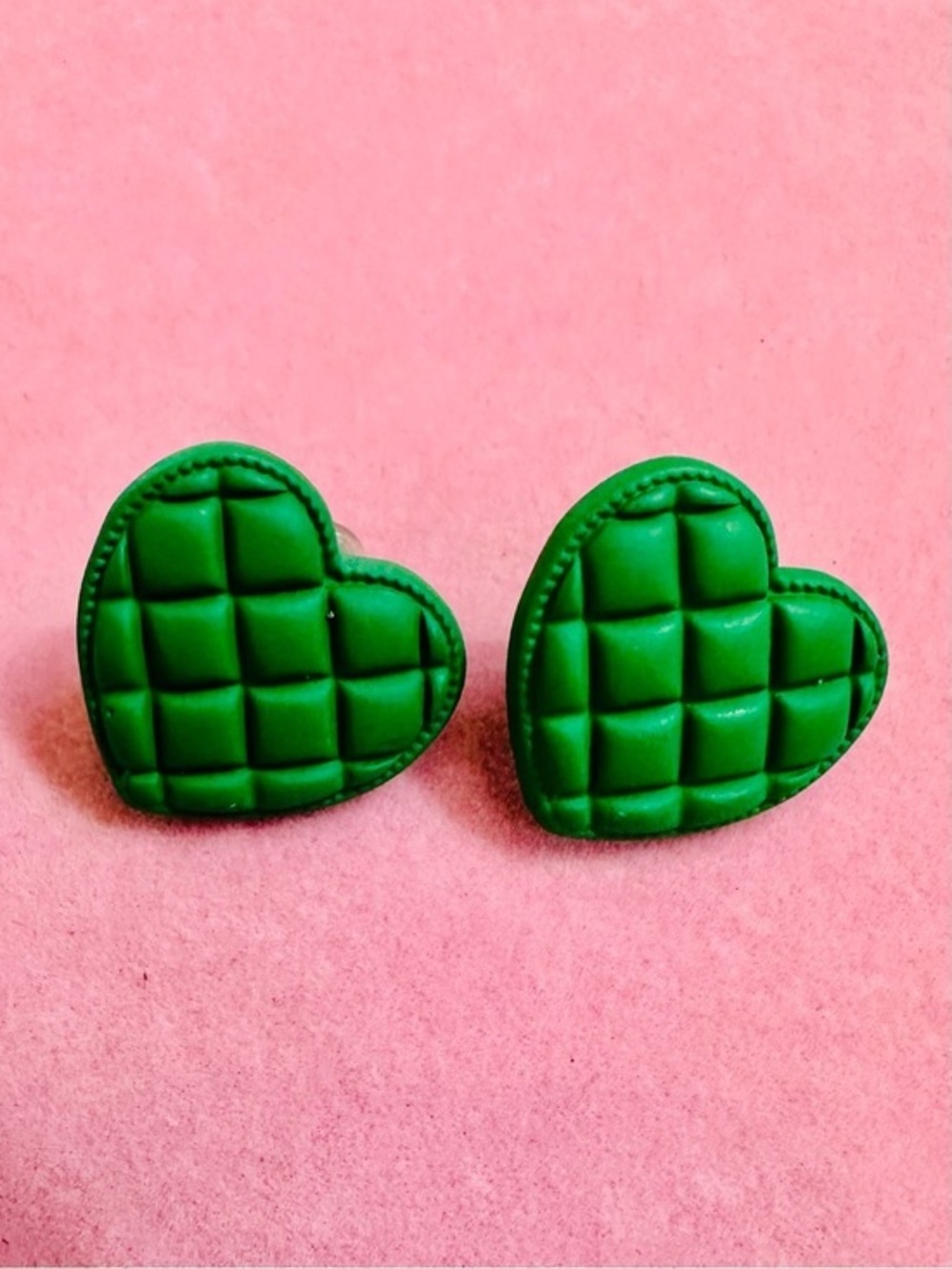 Green Quilted Heart Stud Earrings